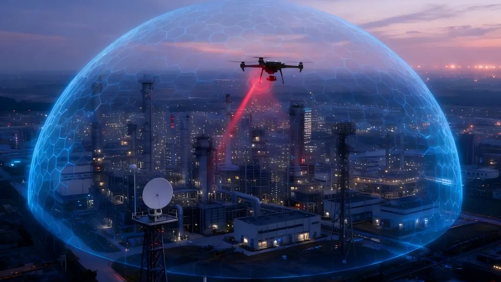 Anti‑UAV Defense System scene diagram: fixed site unit, portable case, hand‑held jammer, drone threats and 360‑degree air‑defense coverage bubble.