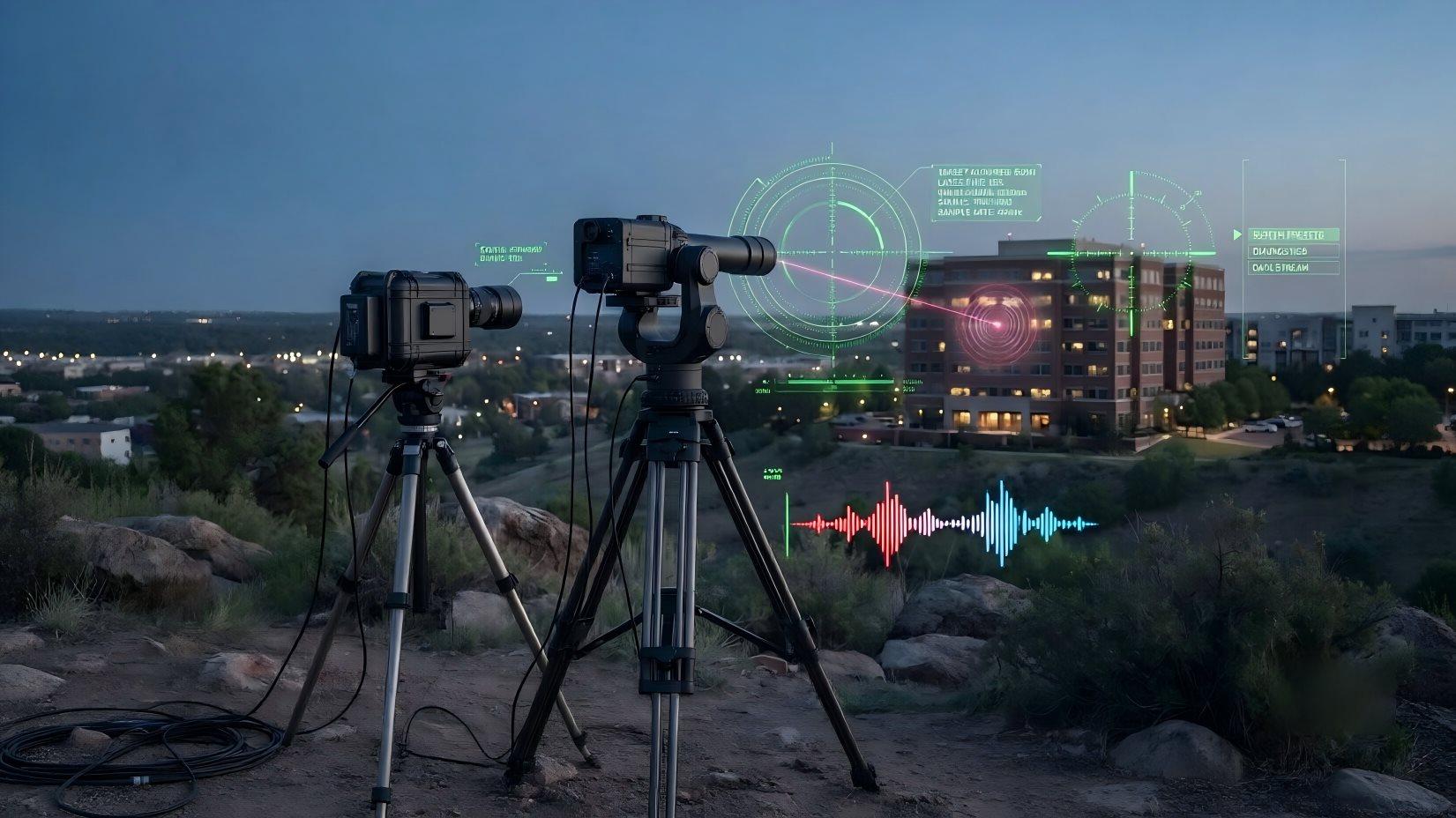 Long‑Distance Laser Microphone System scene diagram: field‑deployed laser‑vibrometry unit on tripod, invisible laser beam toward building window for remote optical data acquisition.