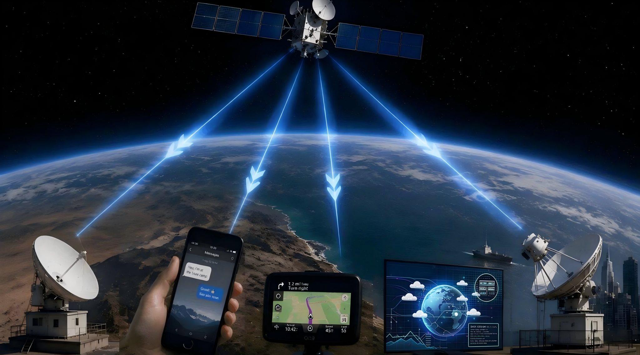 Passive Satellite Scout System scene diagram: satellite, satellite‑terminals, uplink‑downlink receiving antennas and supervisory control unit.