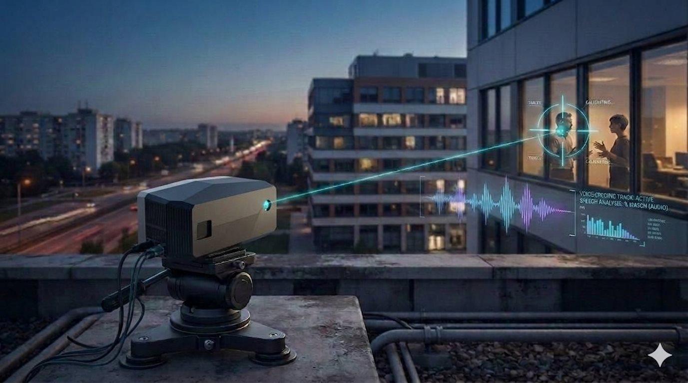Portable Laser Microphone System scene diagram: portable laser‑vibrometry unit, electric pan‑tilt, invisible laser beam targeting building window for remote audio acquisition.