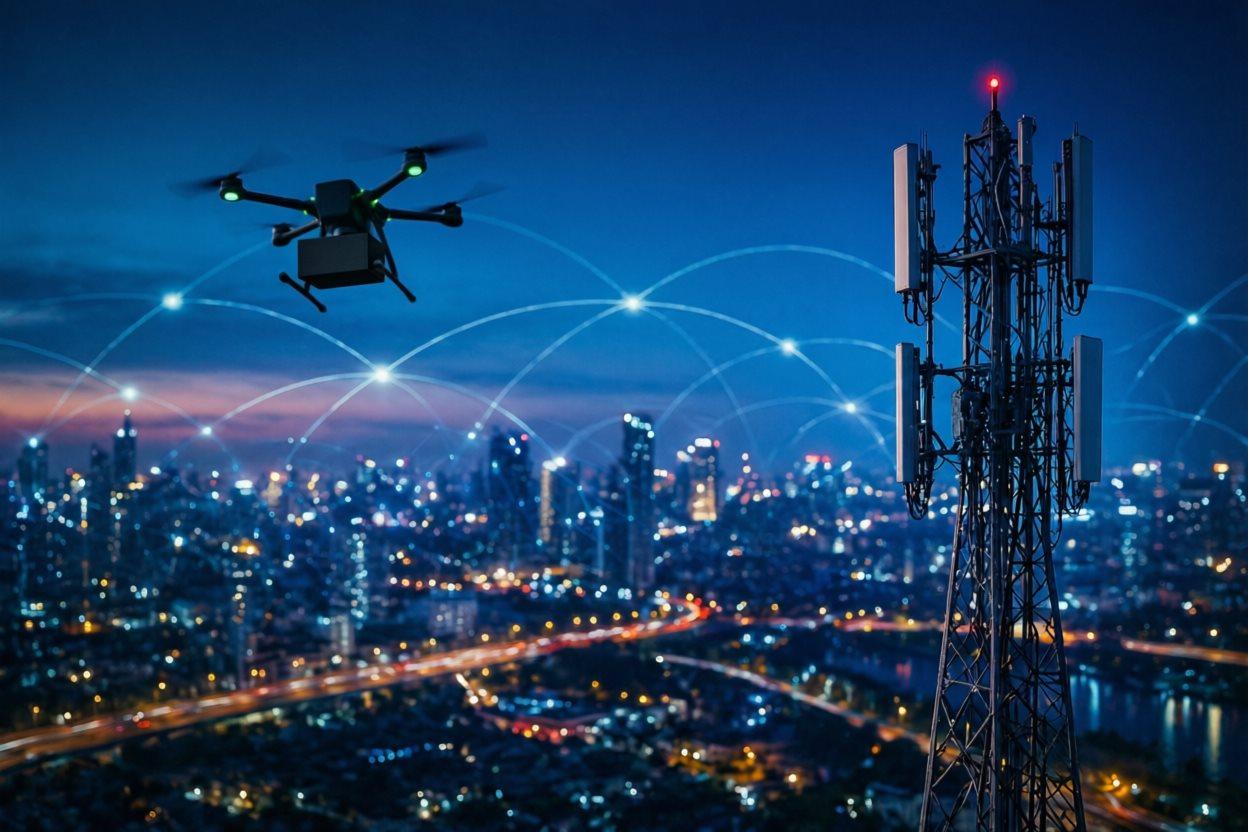 Airborne IMSI & IMEI Catcher diagram showing octocopter drone with SDR payload, aerial coverage and ground control station workflow.