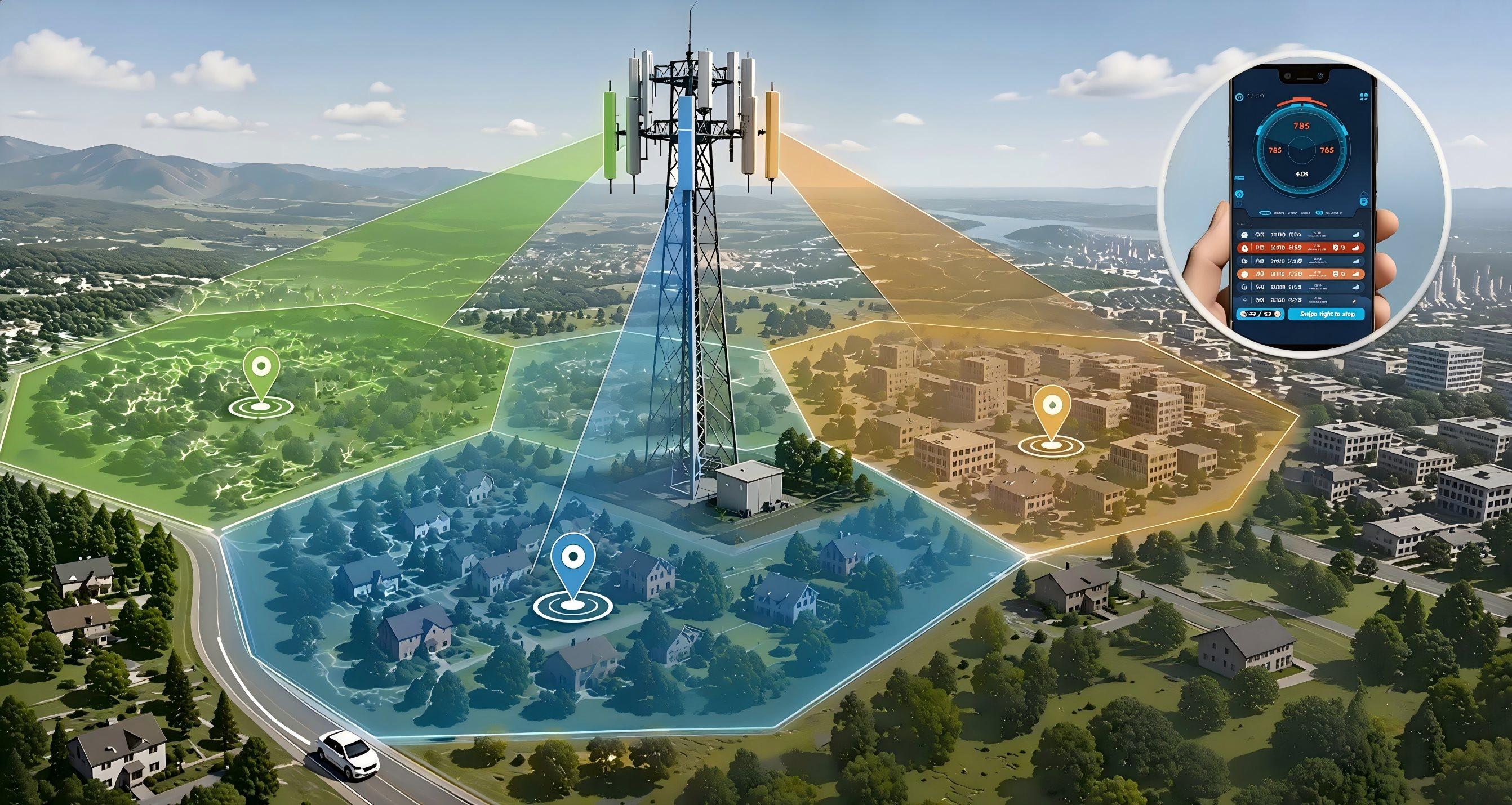 Passive Cellular Tracker topology diagram showing vehicle‑mount unit and portable man‑pack devices working collaboratively for passive cellular geolocation.