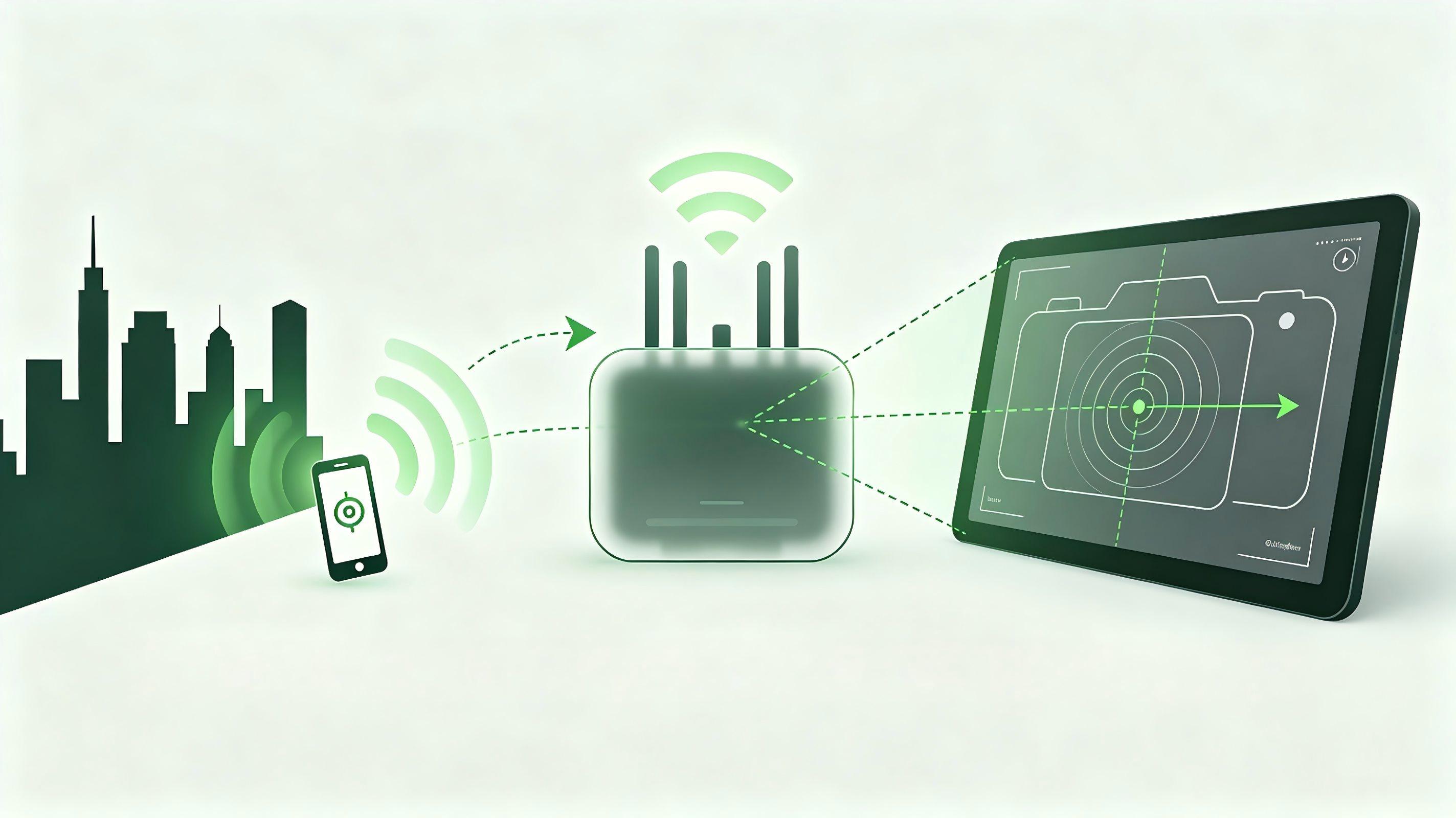 Visual Smart Antenna System workflow diagram showing smart antenna hardware, WiFi‑linked operation platform and mobile‑phone target direction‑finding.