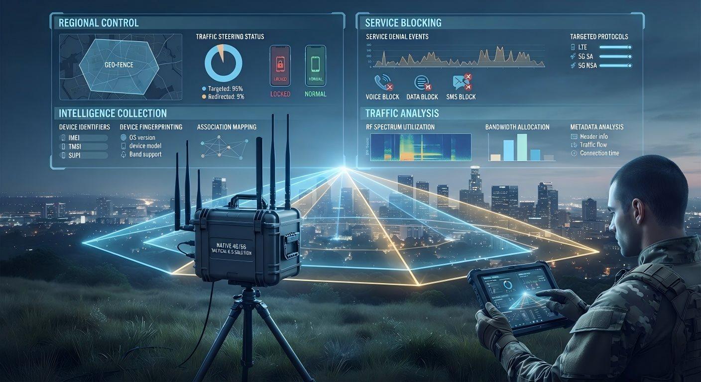 4G&5G Overall Security Solution architecture diagram showing temporary investigation fake‑BTS, controlled terminals, backend traffic‑analysis modules and public‑network backhaul.