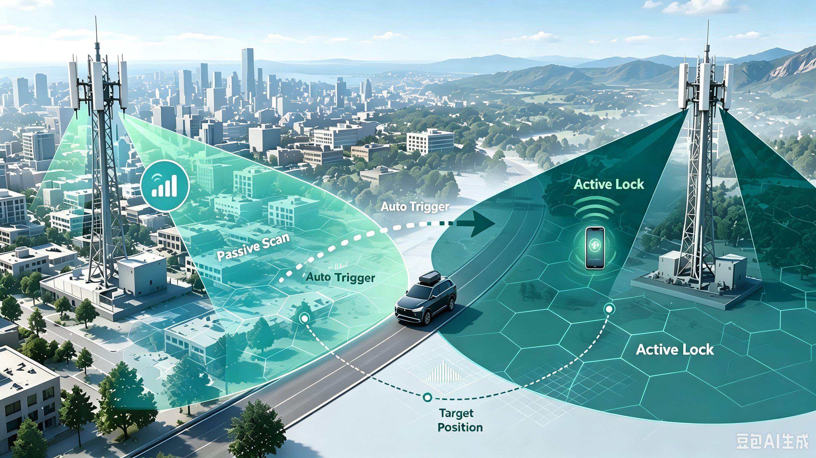 Hybrid Passive & Active Direction finder topology diagram showing passive wide‑area scanning, smart trigger to activate active module, multi‑unit cooperative geolocation workflow.