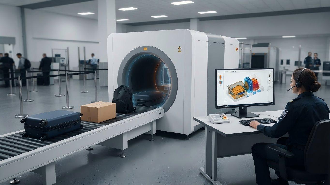 Baggage and Parcel CT Inspection System scene diagram: large‑size CT baggage scanner, baggage passing conveyor, operator workstation with 3D scan display.