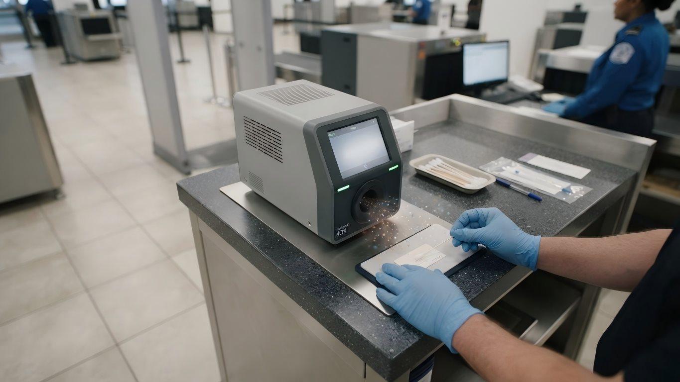 Desktop Narcotics & Explosives Detector scene diagram: desktop IMS trace detector unit, inspection‑site working scenario, trace‑particle sampling workflow.