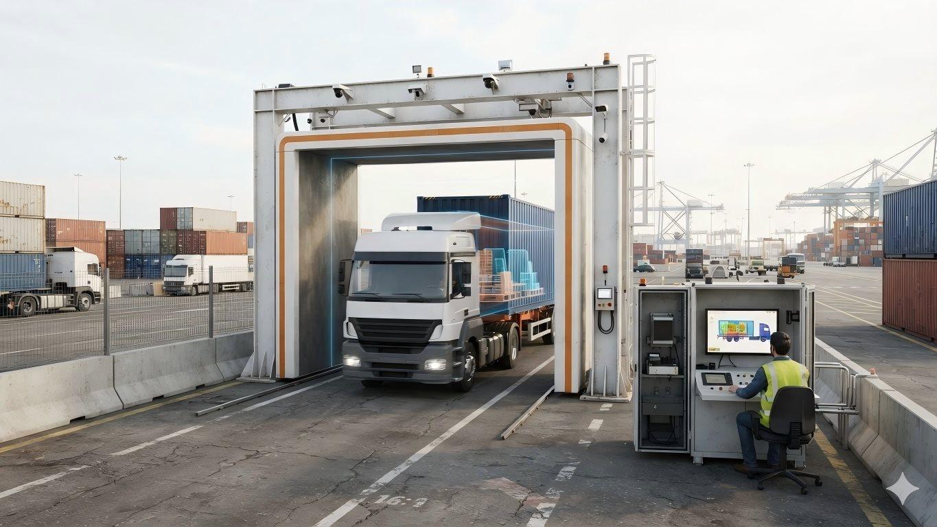 Fixed Cargo & Vehicle Inspection System scene diagram: large gantry‑type portal scanning gantry, truck drive‑through channel, operator workstation for X‑ray image review.