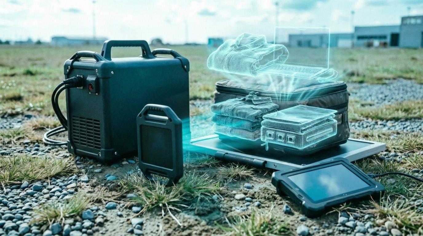 Portable X‑Ray Inspection System scene diagram: portable X‑ray source, ultra‑thin imager panel, touch‑screen control terminal, on‑site field inspection working scenario.