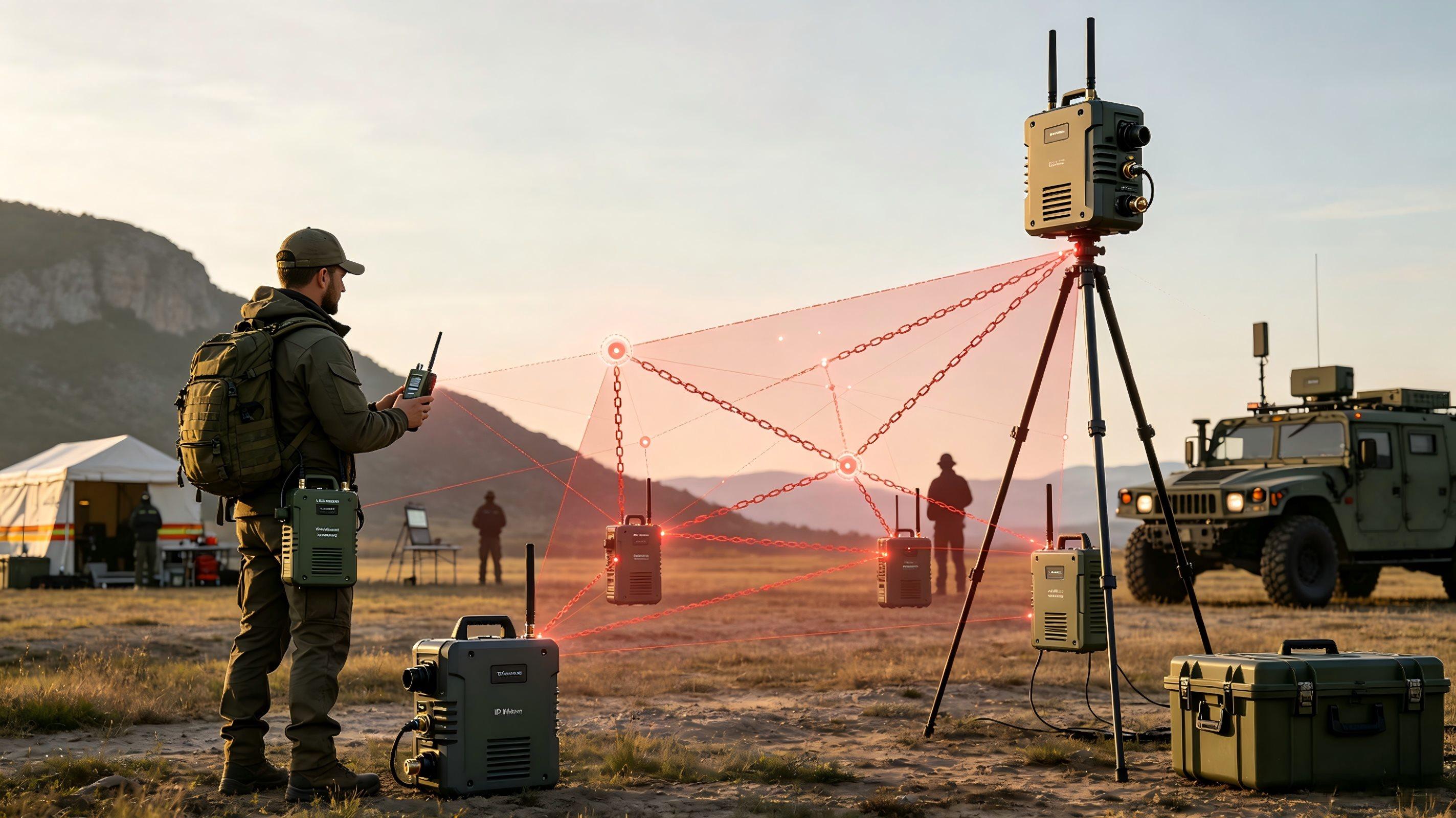 IP Mesh Communication System scene diagram: multiple tactical mesh radio nodes, ad‑hoc wireless mesh link topology, field emergency‑response deployment environment.