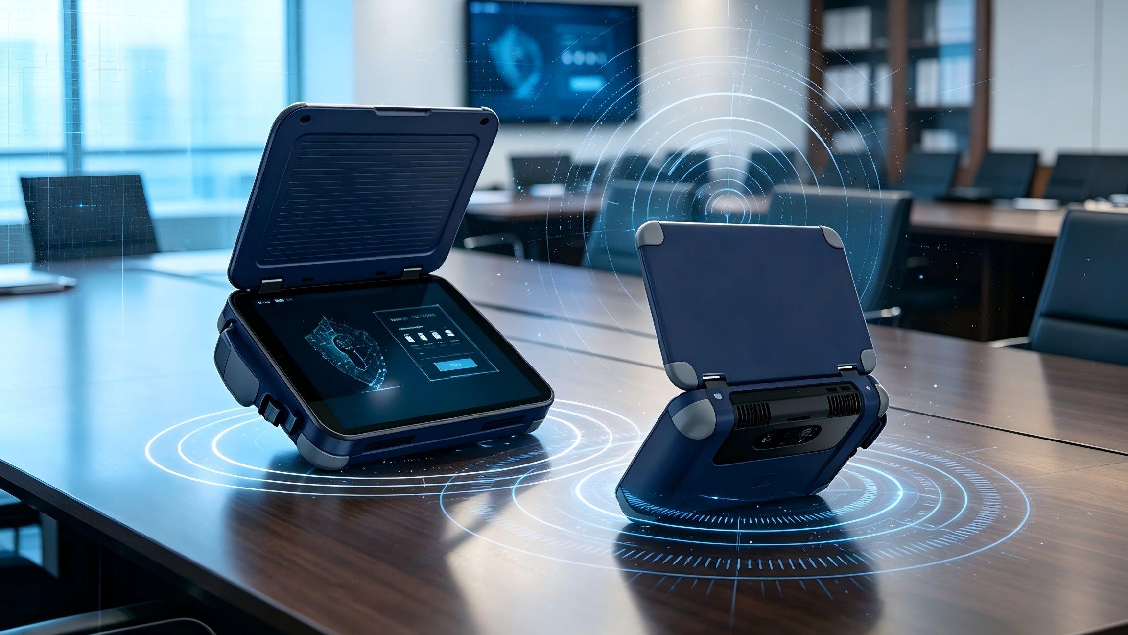Portable TSCM suite scene diagram: all‑in‑one TSCM host device, conference‑room on‑site inspection scenario, multi‑mode detection screen preview.