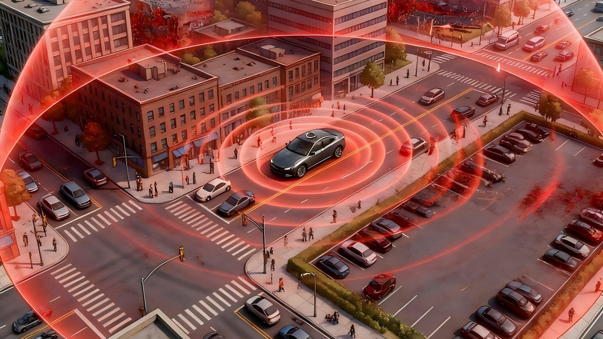 Vehicular Full‑Spectrum Jammer scene diagram: roof‑mounted segmented antenna array, vehicle‑mounted main unit, mobile field security‑mission environment.